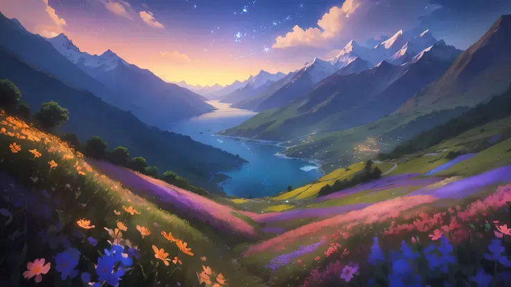 Generate an anime-style sketch art of the Valley of Flowers in the Himalayas during the spring bloom. Use a hovering camera angle to capture the sea of vibrant flowers. Showcase intricate details of diverse flora and include a magical touch by incorporatin...