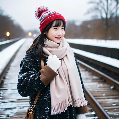 portrait,realistic,Japanese,20 year old girl,open your mouth a little,The body is frontal,looking at the viewer,vision,black hair in ponytail,bangs,smile,,smooth complexion, (from below:1.3),full body photo,Characters dressed in winter fashion。she、pastel s...