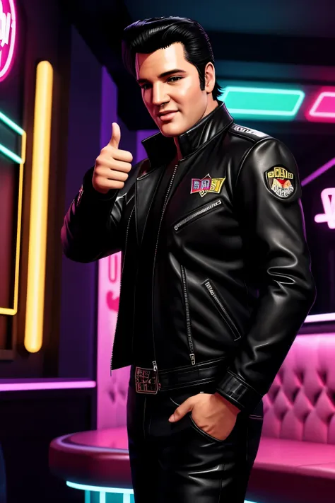 elvis presley posing thumbs up,smiling,indoor,nightclub,neon casino background,gta style,GTA,wearing a black jacket,GTA poster