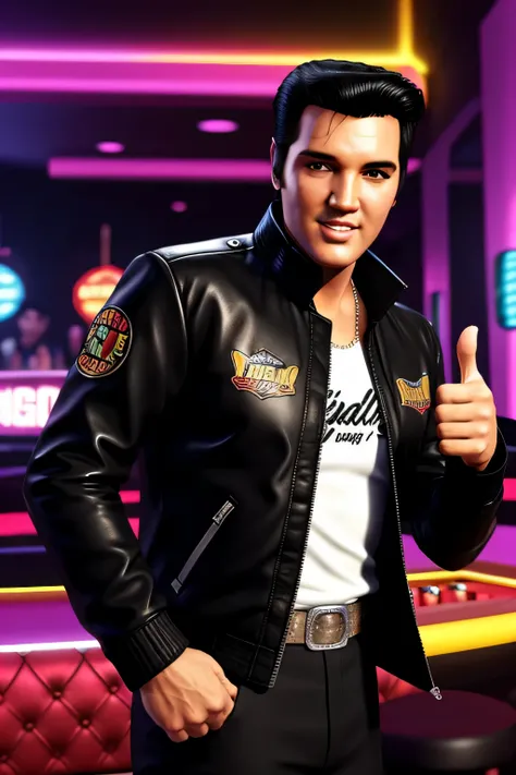 elvis presley posing thumbs up,smiling,indoor,nightclub,neon casino background,gta style,GTA,wearing a black jacket,GTA poster