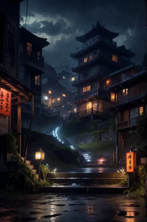 Feder village view，a lot of lights on the buildings，Dream China Town，china village，stunning wallpapers，japanese village，surreal photo of a small town，old asian village，(The sky in the distance is covered with dark clouds)，japanese city，Raymond Han，rainy ni...