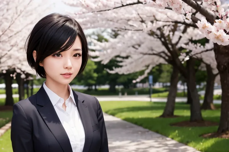 realistic, beautiful girl, Wind, black business suit, cherry blossoms, sunlight, short hair, black hair, 8K, High resolution, high quality, 超high quality