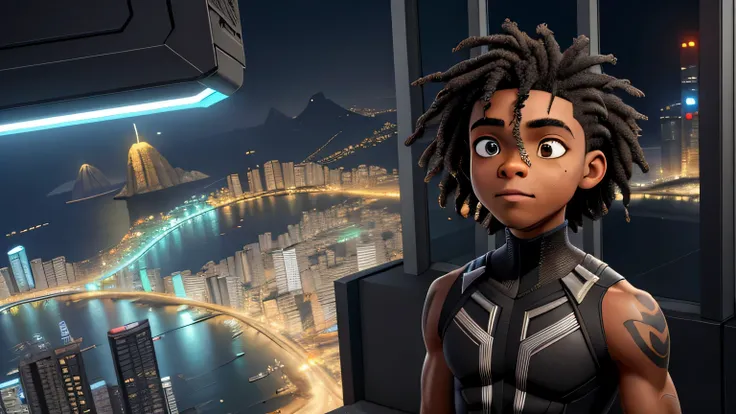 Cyberpunk, CIDADE, 1 menino negro, Cabelo crespo, olhos pretos, ciborgue, favela, brazil , forte, filho do black panther, de fundo o cristo redentor Rio De janeiro