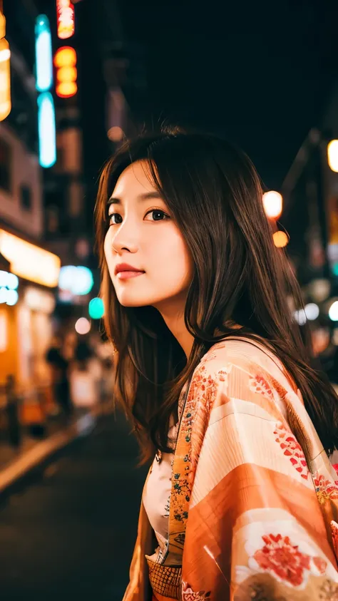 Beautiful brunette supermodel woman, A lock of hair with slight highlights, black eyes, mixed media, Sexy，Japanese street background，bright kimono , Liquid color flows across her face, sunset，Photographed by Yui Aragaki