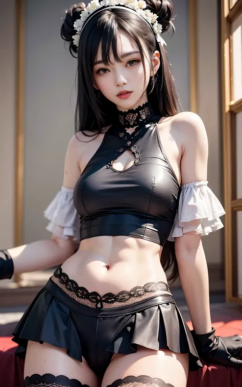 best quality，master piece，High resolution，(beautiful face)，looking at the viewer，Are standing，（（Half body）），（（White vest）），（（black leather skirt）），Hands in gloves，right arm hanging down