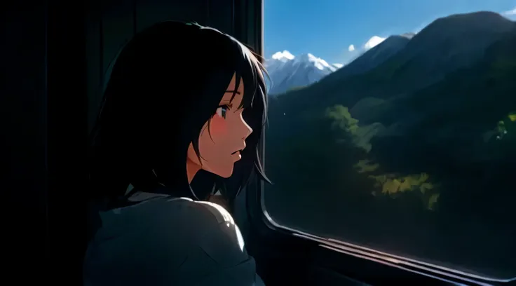 anime girl looking out of window of train with mountains in background, ( ( makoto shinkai ) ), lofi girl, anime. soft lighting, profile of anime girl, makoto shinkai&#39;Style, mokoto shinkai, makoto shinkai Style, makoto shinkai. — 2160 hours, beautiful ...