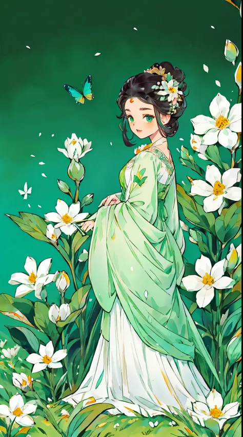 1 Sister, Alone, looking at viewert, face flushed, Background with, black hair color hair, hair adornments, longer sleeves, white backgrounid, Eternal, Full body lesbian, flowers blooming, green color, hairflower, hair-bun, butterflys, tmasterpiece, recent...