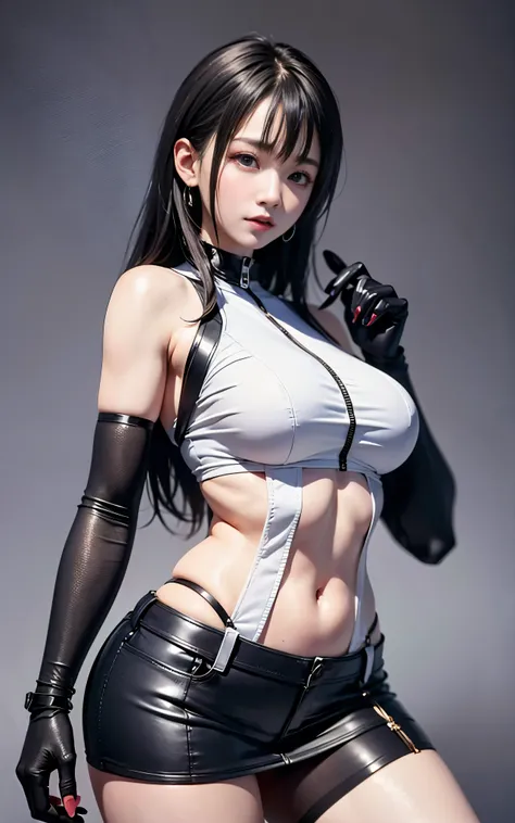 highest quality，masterpiece，High resolution，(beautiful face)，looking at the viewer，Are standing，（（Half body）），（（White vest）），（（black leather skirt）），gloved hands，right arm hanging down