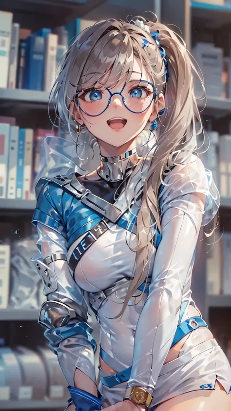 woman,14 years old,Research room,(((white and blue tight miniskirt bodysuit))),,open mouth smile((See-through))glasses,((beautiful long ponytail)),((Baby girl body shape))