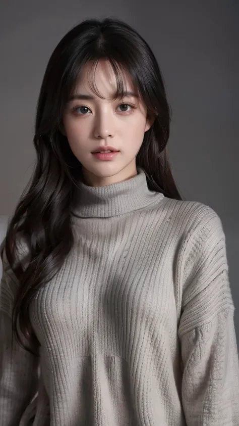 (the Extremely Detailed CG Unity 8K Wallpapers,masutepiece, Best Quality, Ultra-detailed), Gray background, 26-year-old female living in Japan, Sexy 26 year old woman, Bust emphasis:1.2, (Small size knitwear), Body line enhancement,