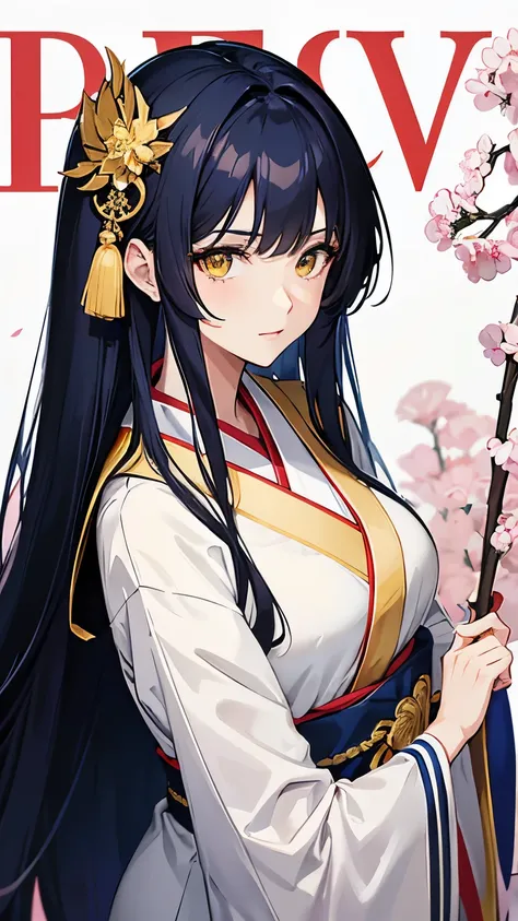 Cover magazine. anime, A woman. long hair. navy hair. Dark blue hair. golden eyes. Yellow eye. Half Body potrait. Upper body. elegan. White kimono. Adult. Mature woman. Women. Japanese. Hair accessories