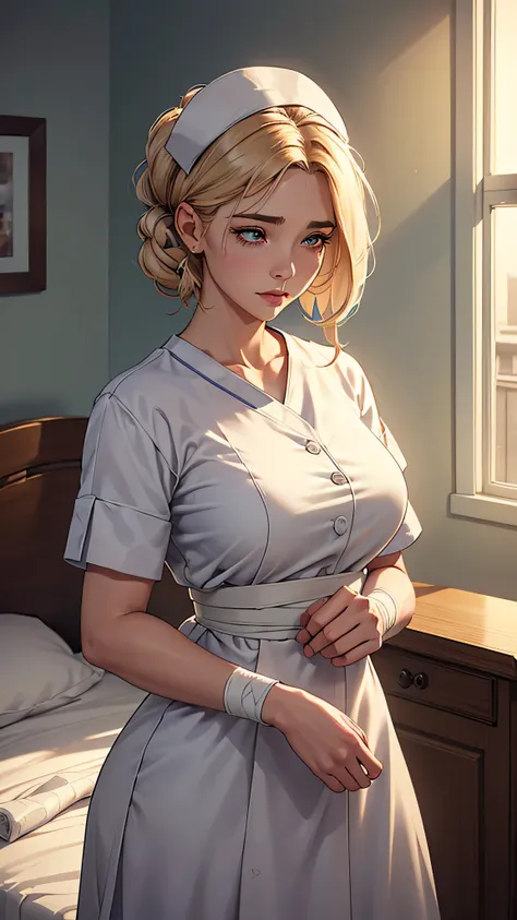 (best quality,highres,ultra-detailed:1.2),a girl with beautiful detailed eyes,having just undergone eye surgery in a hospital,lies on a comfortable hospital bed. The bandage gently covers her delicate eyes, protecting them as she recovers from the surgery....