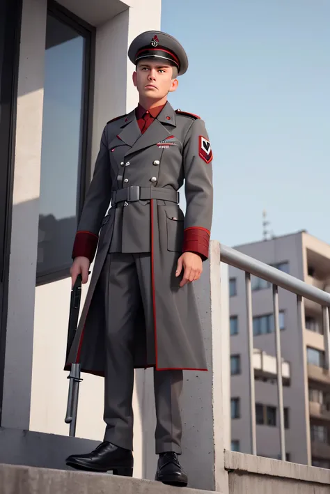 White man standing on a grey concrete balcony wearing a dark grey ww2 nazi general uniform fit with the red arm band, dark grey trenchcoat, and military general hat with skulls on it, 4k, ultra realistic