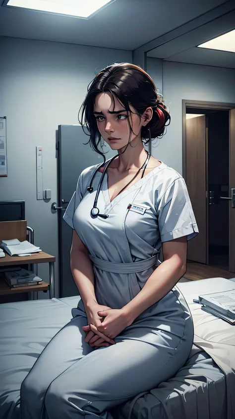 (best quality,4k,8k,highres,masterpiece:1.2),ultra-detailed,(realistic,photorealistic,photo-realistic:1.37),a very shocked amazed and angry girl in the Hospital because she is patient,nurse taking care of her,A girl sitting on the bed with her eyes wide op...