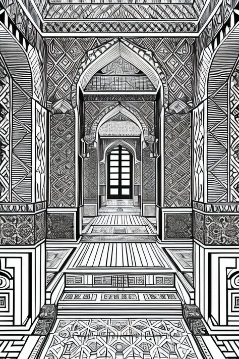 black and white, thick line drawing, simple lines, A maze-like palace with many rooms filled with Islamic patterns in 3D and height direction, without repeating patterns,  in the courtyard,colouring page for adult, clean line art, no background
