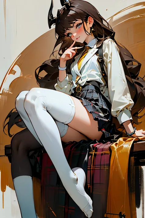 glow，masterpiece, best quality, oil painting portrait style, plaid skirt，pleated skirt，big ，white stockings，without wearing shoe...