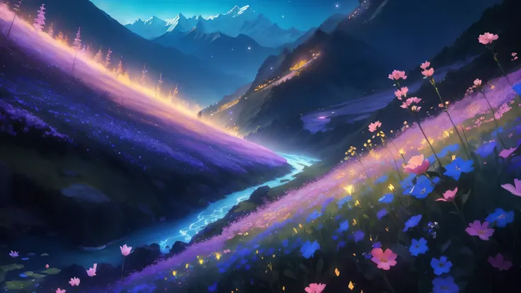 Generate an anime-style sketch art of the Valley of Flowers in the Himalayas during the spring bloom. Use a hovering camera angle to capture the sea of vibrant flowers. Showcase intricate details of diverse flora and include a magical touch by incorporatin...