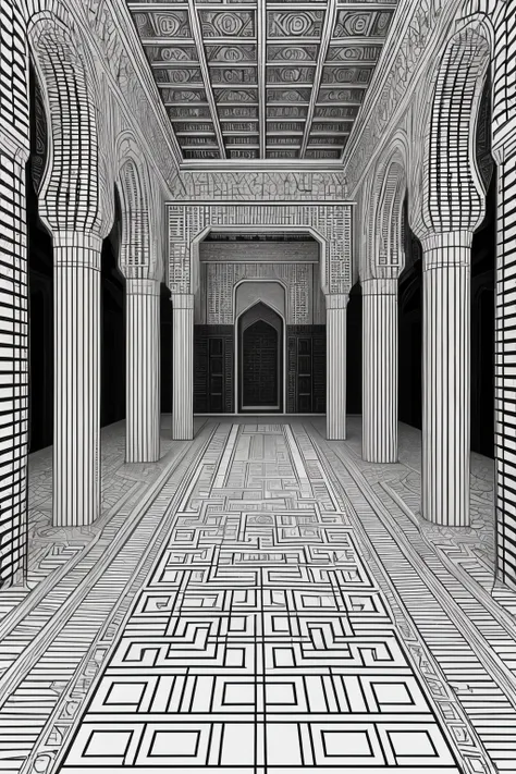 black and white, thick line drawing, simple lines, A maze-like palace with many rooms filled with Islamic patterns in 3D and height direction, diagonal angle perspectice, without repeating patterns,  in the courtyard,colouring page for adult, clean line ar...