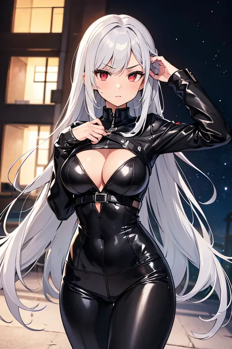 female, adult, ash gray hair, long hair, red eyes, annoyed, black hero suit, leather pants, leather shirt, long sleeves, big breasts