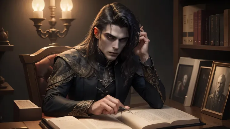 top quality，masterpiece，Handsome and handsome vampire reading in a dark room, gloomy, but detailed digital art, book of the dead, horror fantasy art, detailed 4k horror artwork, Horror Stories, dark fantasy horror art, Legends of the Crypts, fantasy horror...