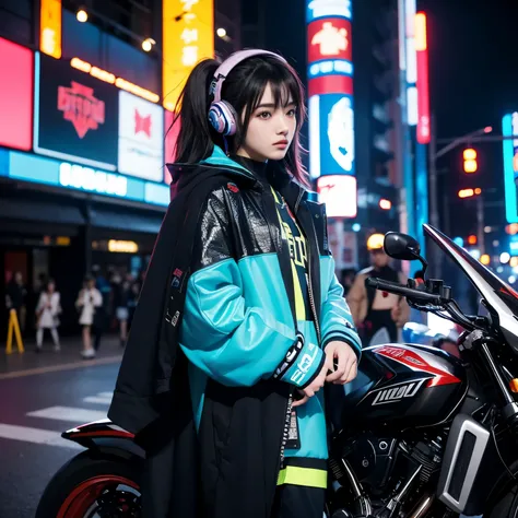 masterpiece, best quality, Confident cyberpunk boy, full-body shot, ((Stand in front of the motorcycle)), Popular costumes in Harajuku style, With headphones，The cloak coat slightly covers the face，Bold colors and patterns, eye-catching accessories, Stylis...