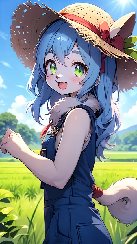 cat girl,furry,neck fur,green long hair,straw hat,denim overalls,blush,rice field,smile,open mouth,happy,looking at viewer,sunshine,blue sky,upper body only,side view