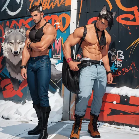 masculine guy ((wearing brown boots)), athletic slim, full body shot, playful pose, super cool, stylish, laid back pose, short beard, lightly hairy body ((tanned skin)), bulge, very short hair, brightly coloured hair, ((has wolf ears)), ((has wolf tail)), ...