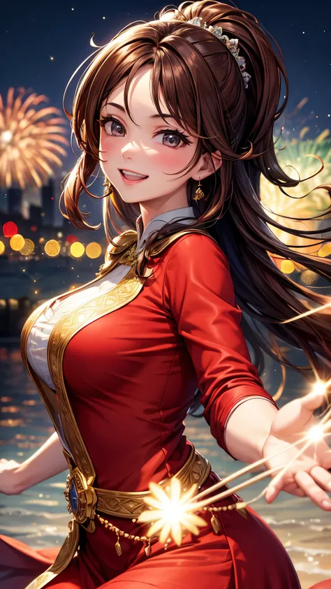 Full HD, Super details, high quality, Loved it, Bokeh, Miss, 30 years, king of stoke, red midi dress, cosmetic, night, fireworks lights, Smile, lens flare,brown hair，Laugh heartily,迷人的Smile， 美丽詳細な目，Beautiful and delicate face，dynamic angle，forward leaning，