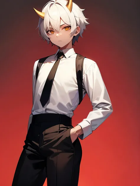 Boy. Short hair, black. Golden eyes. Golden horns on the head. Tanned skin. Body a little defined, slim. loose clothes. Calm and slightly serious look. White shirt. Black pants.