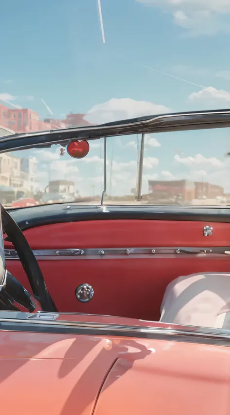 There&#39;s a dog sitting in the driver&#39;s seat&#39;car seat, Drive across town in 1950 seconds, 1950s atmosphere, taken from movie, 5 0 s aesthetic, Unreal Engine. retro movie stills, Extremely detailed Octane renderings, octane highly detailed movies,...