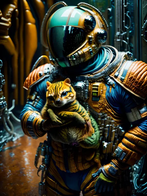 HDR photo of ici, a man in a space suit holding an animal, alien cartoon . High dynamic range, vivid, rich details, clear shadows and highlights, realistic, intense, enhanced contrast, highly detailed