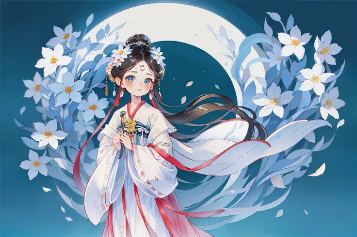 1 Sister, Alone, looking at viewert, face flushed, Background with, black hair color hair, hair adornments, longer sleeves, white backgrounid, everlasting, Full body lesbian, Hanfu, colorful, flowers blooming, hairflower, hair-bun, butterflys, tmasterpiece...