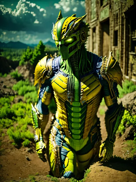 HDR photo of ici, a green and yellow suit on some land . High dynamic range, vivid, rich details, clear shadows and highlights, realistic, intense, enhanced contrast, highly detailed