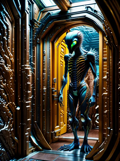 HDR photo of ici, a person in a futuristic outfit standing inside a door frame, alien cartoon . High dynamic range, vivid, rich details, clear shadows and highlights, realistic, intense, enhanced contrast, highly detailed