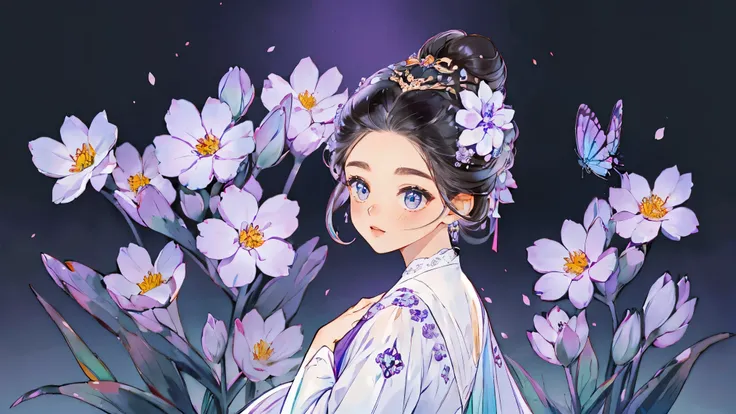 1 Sister, Alone, looking at viewert, face flushed, Background with, black hair color hair, hair adornments, longer sleeves, white backgrounid, everlasting, Full body lesbian, flowers blooming, purpleish color, hairflower, hair-bun, butterflys, tmasterpiece...