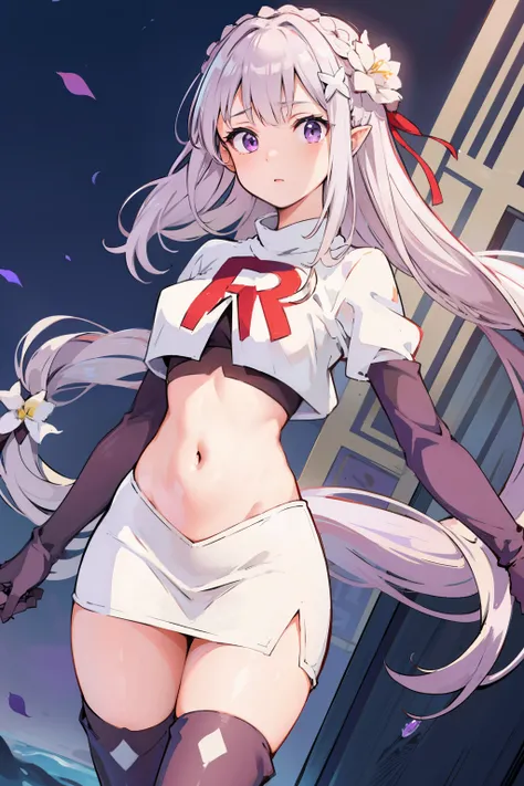 rezeroemilia, emilia, braid, crown braid, flower, hair flower, hair ornament, hair ribbon, long hair, low-tied long hair, (purple eyes:1.2), pointy ears, white flower, x hair ornament,team rocket,team rocket uniform, red letter R, white skirt,crop top,blac...