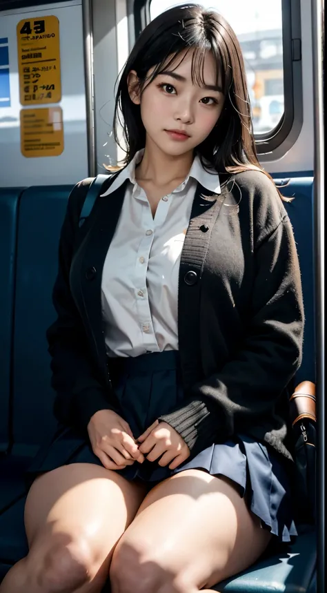 "(masterpiece, High resolution, Ultra High resolution, 4K) ,
BREAK,{black hair, Japan girl at 14 years old, uniform skirt,  {[emphasizing thighs, ( white thighs), soft thighs, Gorgeous thighs ], {[[Sitting on the train ]]}, face to face angle, (angle from ...