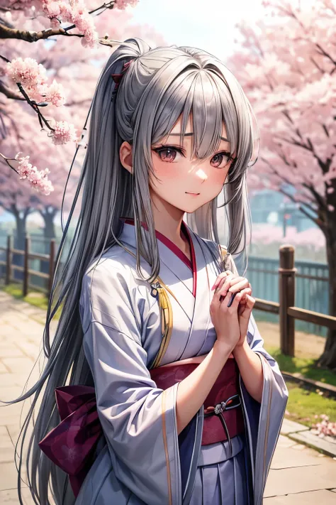 A 18 years old Japanese lady(( small breast, slender)),((put her hands on her mouth )), bluish gray medium hair(( voluminous side undercut hair ))(( much shaggy forelock:1.3)),((hair over both eyes completely:1.5)), tidy  yukata ((dianthus patterns )),Japa...