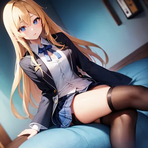 Beautiful girl with medium long blonde hair, school uniform, sky blue plaid mini skirt, shirt with the last button undone, tie, medium thighs, ahegao,stockings, blue eyes