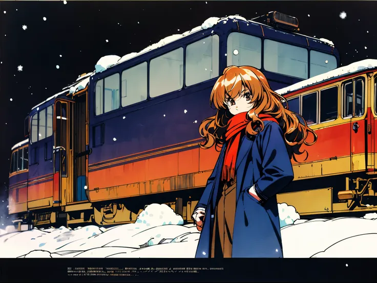 taiga aisaka standing by a train station on a cold snowy night, vhs, winter, (snow), vintage, manga style, black background, (ba...