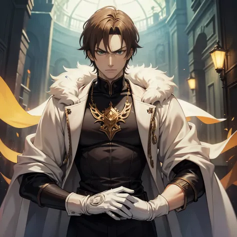 The British villain is tall and strong, with pale skin, short light brown hair, green eyes, and white gloves, depicting a serious demeanor in the style of an anime style, showing intricate details.