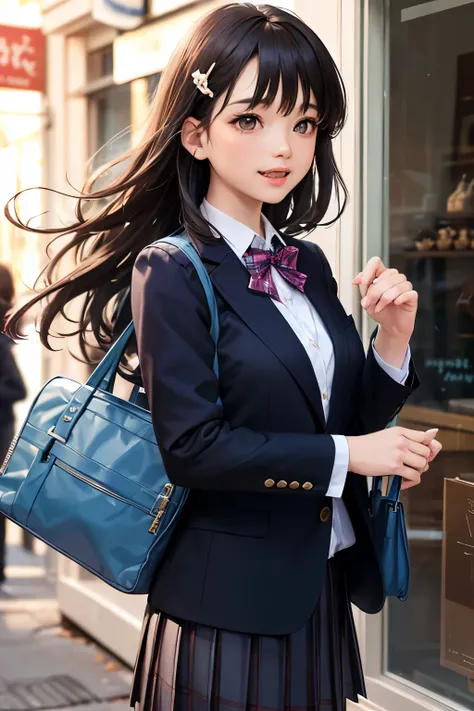 very cute and beautiful girl,(highly detailed beautiful face),
(blue blazer school uniform, pleated tanding in front of cake shop show window,
(laugh),cowboy shot,holding school bag,hair pin,black hair,downtown street,
(best quality,masterpiece:1.2),absurd...