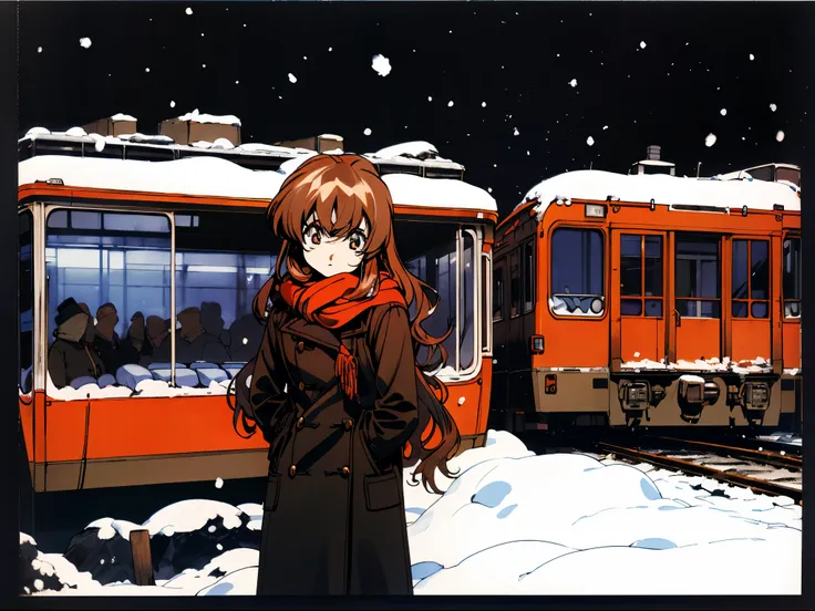 taiga aisaka standing by a train station on a cold snowy night, vhs, winter, (snow), vintage, manga style, black background, (ba...