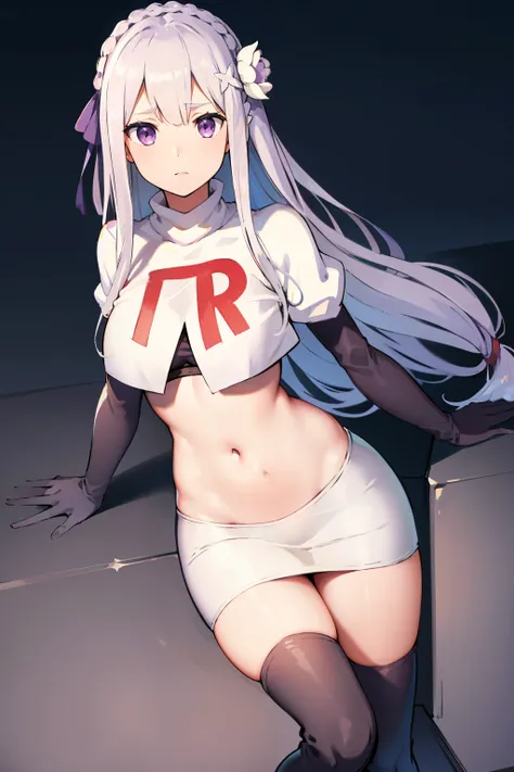 rezeroemilia, emilia, braid, crown braid, flower, hair flower, hair ornament, hair ribbon, long hair, low-tied long hair, (purple eyes:1.2), pointy ears, white flower, x hair ornament,team rocket,team rocket uniform, red letter R, white skirt,crop top,blac...