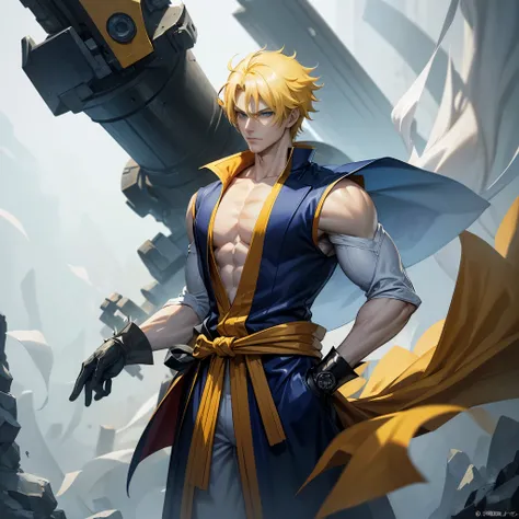 The Japanese villain is tall and strong, handsome, with pale skin, short Spiky Yellow hair, Blue eyes, and white gloves, depicting a serious demeanor in the style of an anime style, showing intricate details.