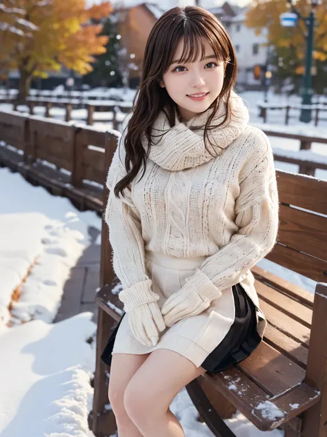 (highest quality,4K,High resolution,table top:1.2),super detailed,realistic:1.37,beautiful and fine eyes,beautiful detailed lips,highly detailed eyes and face,long eyelashes,down coat,knitted muffler、Knitted gloves、mini pleated skirt,innocent smile,rosy ch...