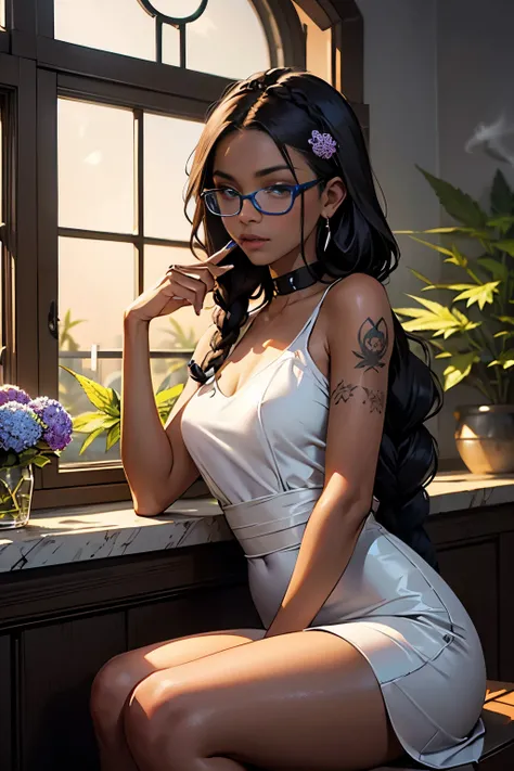 ((determined ((dark-skinned ((Haitian)) female exorcist with freeform braided hairstyle wearing glasses)) rolling up herbal joint while waiting for tea to boil, (wearing detailed flowing outfit), (cannabis flower tattoos on arms and legs), high quality pho...