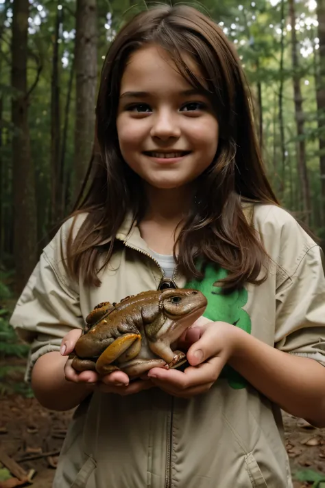 The 10 years  old girl with brown hair standing in the forest holding nice toad in her hands. The girl looks exited