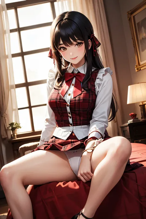 very cute and beautiful girl,(highly detailed beautiful face),(smile),blush,looking at viewer,
(white blouse with detailed frills),long sleeve BREAK sitting on white bed sheet,spread legs,white panties,
hair ribbon,black hair,(scarlet plaid mini skirt)
 BR...