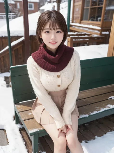 (highest quality,4K,High resolution,table top:1.2),super detailed,realistic:1.37,beautiful and fine eyes,beautiful detailed lips,highly detailed eyes and face,long eyelashes,down coat,knitted muffler、Knitted gloves、mini pleated skirt,innocent smile,rosy ch...